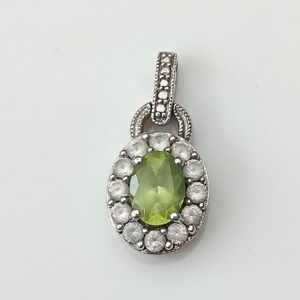 Sterling Silver 925 Green Glass Crystal Oval Halo Stone Pendant Filigree .75"